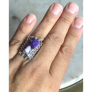 NEW Purple Dahlia Turquoise Square Sterling Silver Scalloped Ring Size 7.5